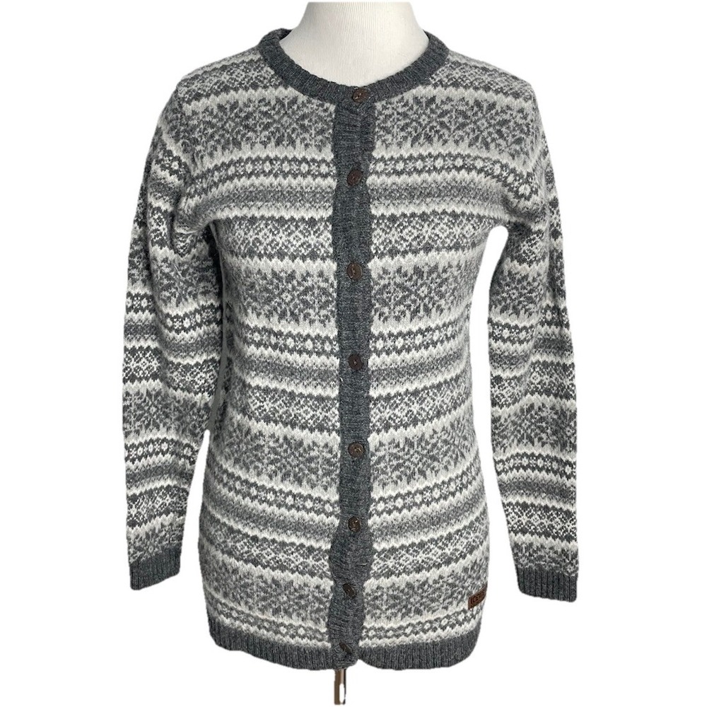 Icewear Icelandic Cardigan Sweater Scandi Fair‎ Isle Nordic Gray Wool Angora S